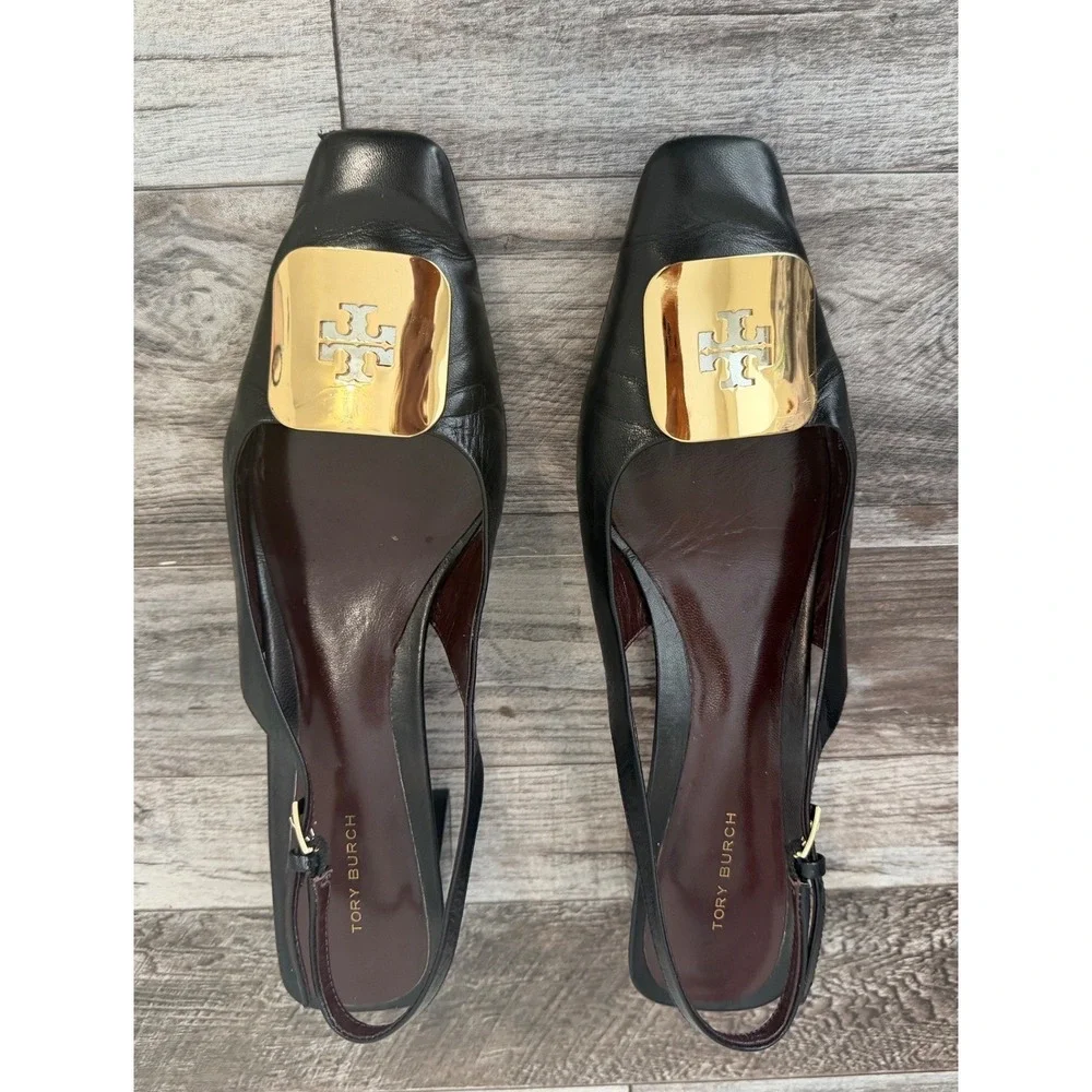 Tory Burch Georgia Slingback Heels Size 10M Black Gold Logo Square Toe